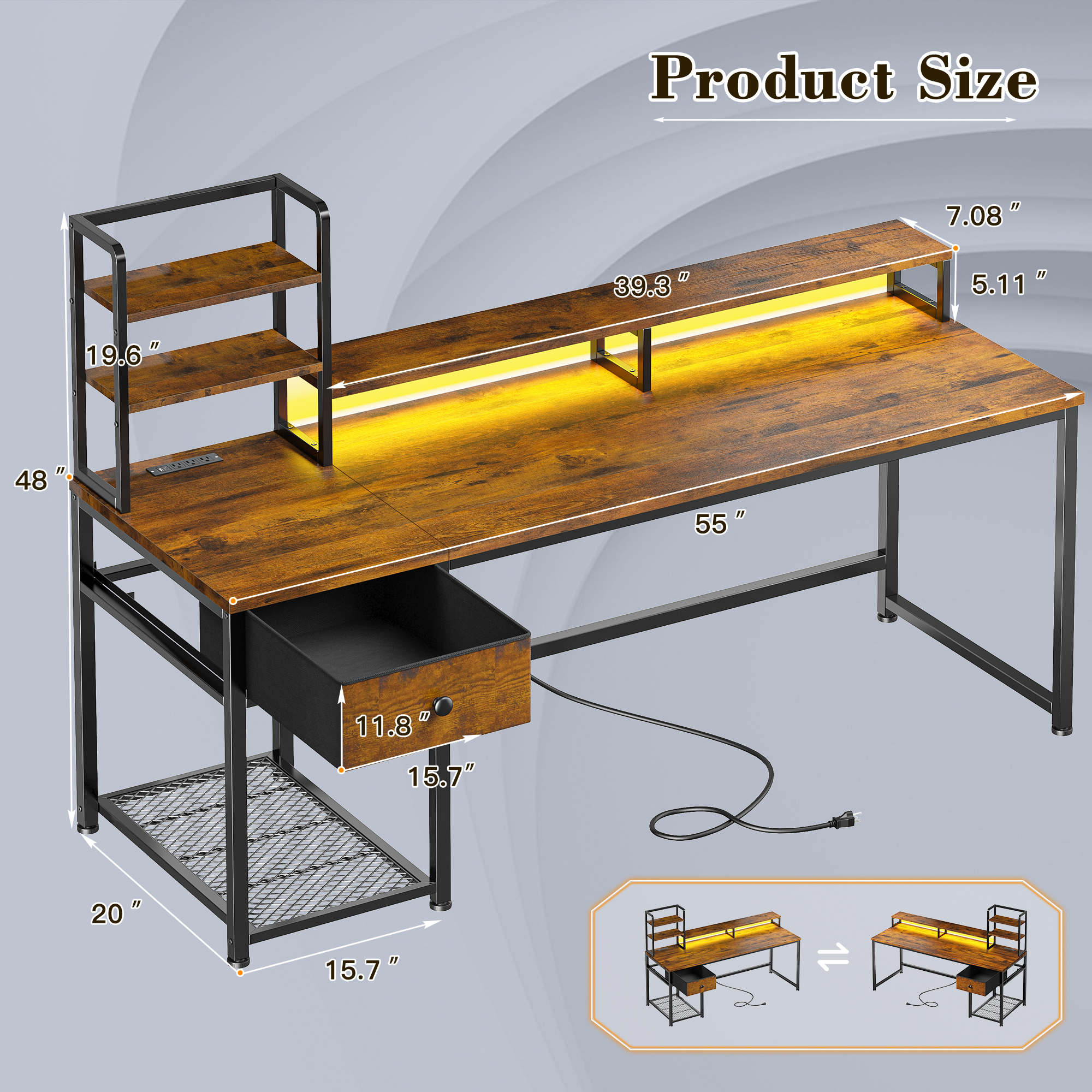 Romorgniz 55"W Computer Desk with Hutch, Gaming Desk with LED Lights & Power Outlets, Small Desk with Drawer and Monitor Stand, Writing Desk for Home Office, Rustic Brown