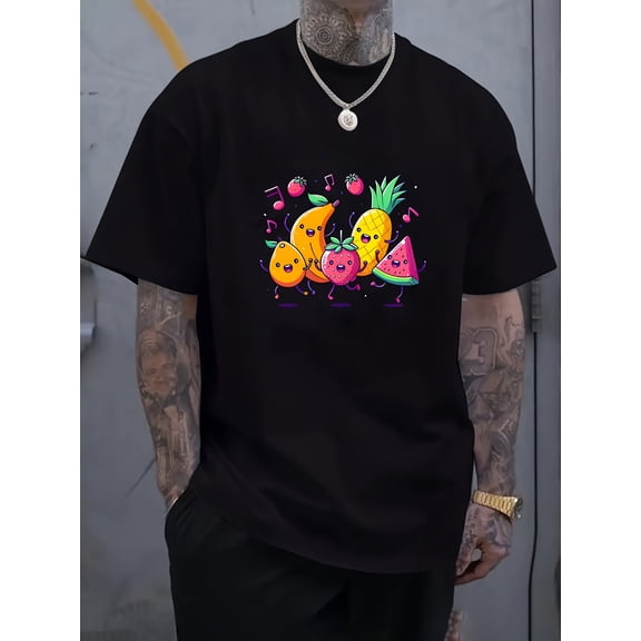 Retro Funny Dancing Fruits Graphic Tee Cute Tropical Summer Party Music Men's Unisex Black Cotton T-Shirt