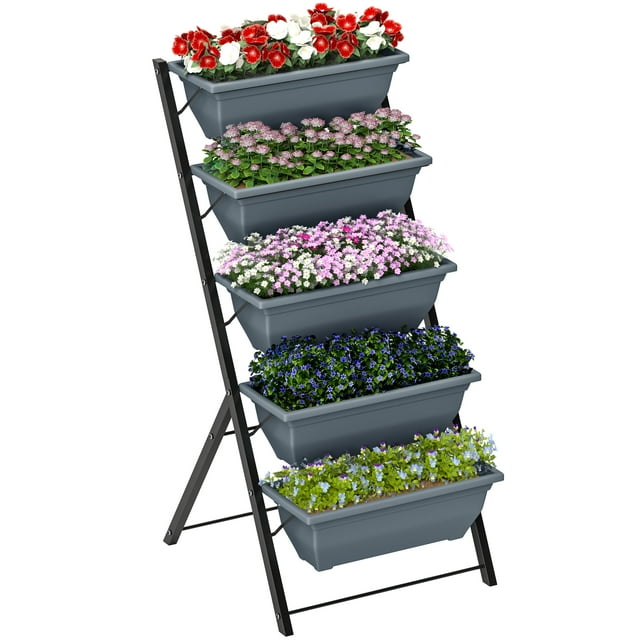 Outsunny Jardinière Surélevée à 5 Niveaux Pots de Plantes et de Fleurs avec Trous d'Évacuation Gris