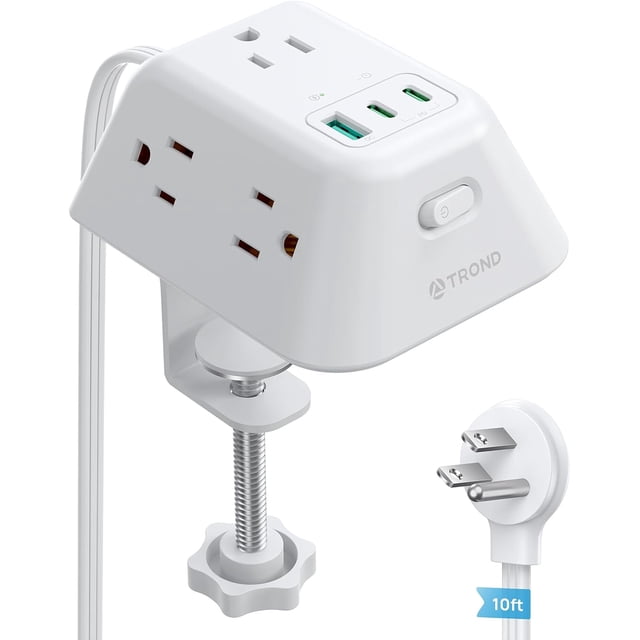 desk clamp power strip, surge protector with 5 ac outlets and 3 usb ports, desk mount charging station, fit 1.97in tabletop edge thick, 6ft extension cord, for home office gaming accessories, black A centered 3/4 front-facing view of the clamp-mounted power strip showing trapezoid housing with five widely spaced AC outlets on three sides, three USB ports (one USB‑C, two USB‑A), a side power switch, threaded knob clamp for up to 1.97 in desks and the 6 ft flat right-angle plug visible; suitable for organizing charging at gaming desks or vanity tables.