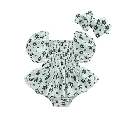 

Infant Baby Girls Romper Dress Flower Print Short Puff Sleeve Ruched Jumpsuits Summer Bodysuits Headband