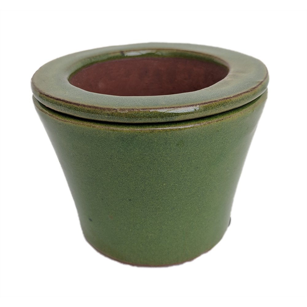 Self Watering Glazed Ceramic Pot Green Round 3 3/4" x 2 1/2" 14630