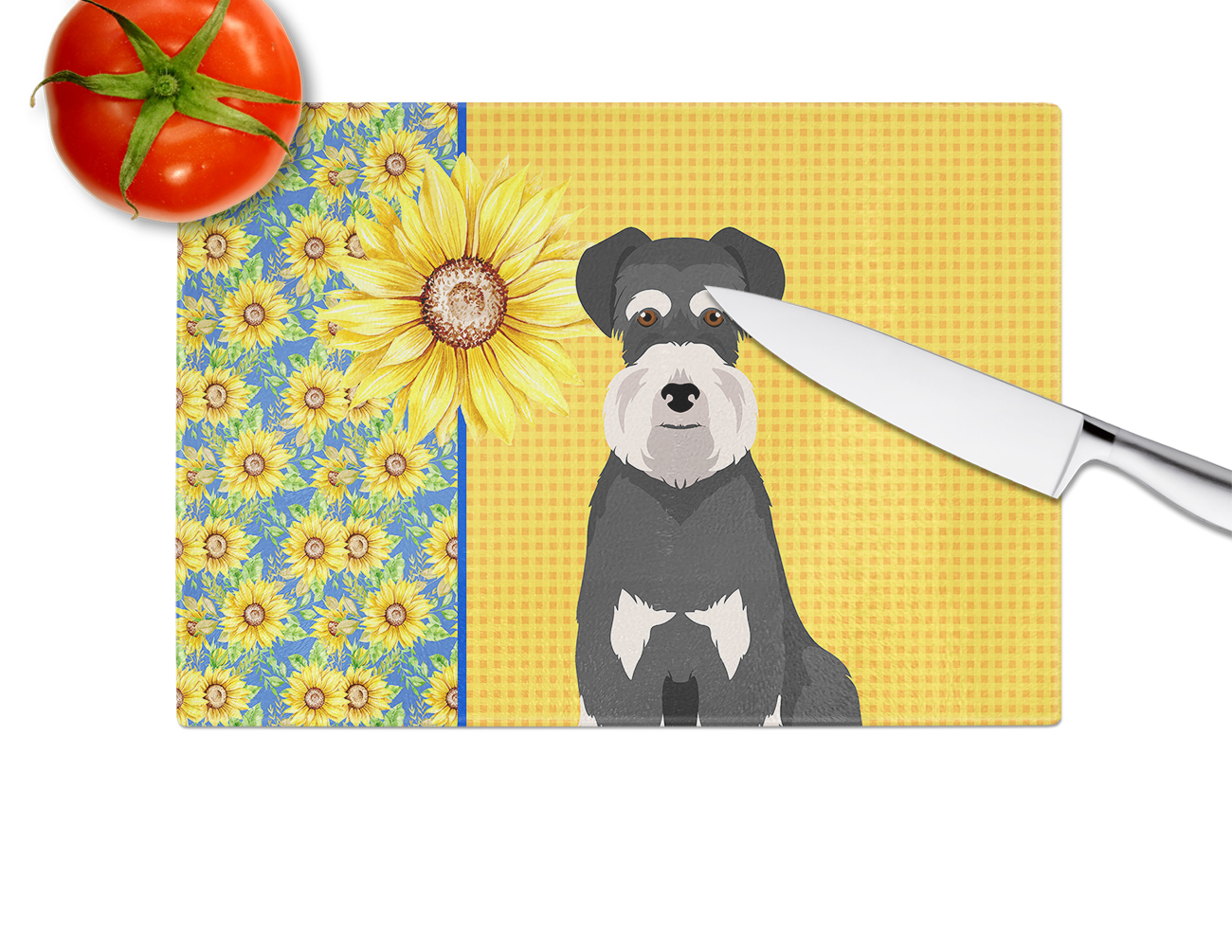 Summer Sunflowers Black and Silver Natural Ears Schnauzer Glass Cutting Board Large 12 in x 15 in