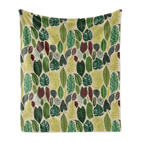 Tropical Soft Flannel Fleece Throw Blanket, Vintage Style Detailed Nature Scenery of Leaves, Cozy Plush for Indoor and Outdoor Use, 70" x 90", Multicolor, by Ambesonne