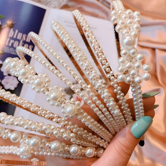 VANIDO Elegant Women Faux Pearl Beaded Slim Headband HairHoopbandWedding Party Decor