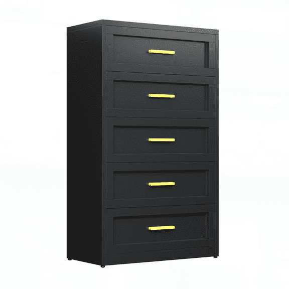 Metal Black 5 Drawer Dresser for Bedroom, Tall Bedroom Dresser with Large Drawer & Golden Handles,Metal Storage Organizer Cabinet Chest of Drawer for Closet