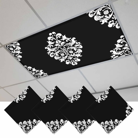 Baroque Black Magnetic Fluorescent Light Covers for Ceiling Lights 2 x 4 Feet, Vintage Damask Classic Floral Office Classroom Kitchen Drop Ceiling Light Covers Lighting Filters Shade Panel 4 Packs
