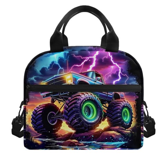 HUIACONG Lunch Bag with Neon Monster Truck Design, Aluminum Film Insulated Lunch Tote for Kids School and Outdoor Picnics