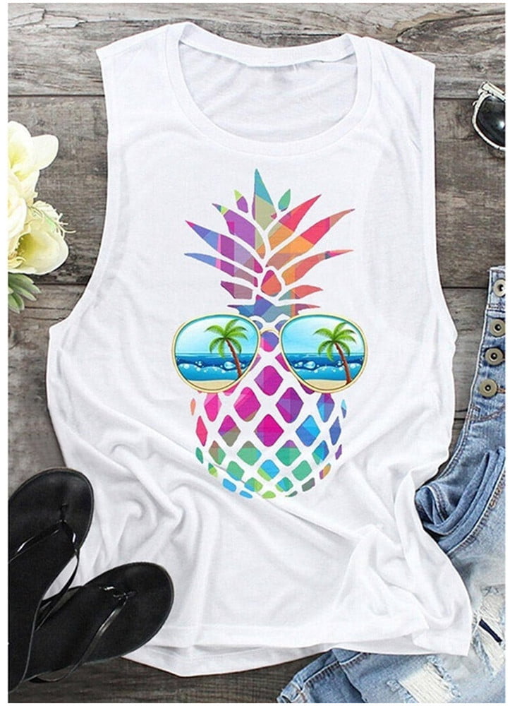 Transer Womens Tank Tops Pineapple Printed T-Shirt Summer Scoop Neck Sleeveless Tee Casual Loose Blouses