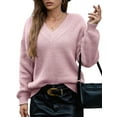 thumbnail image 2 of Female Long Sleeve V Neck Pullover Sweater Oversized Chunky Knitted Loose Jumper Sweaters Pink M, 2 of 8