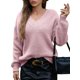 thumbnail image 2 of Suéter de Larga con Cuello en V para Mujer, Suéter Holgado de Punto Grueso de Gran Tamaño. Rosa L, 2 of 8