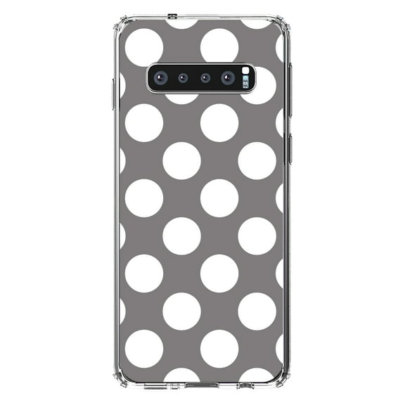 DistinctInk Clear Shockproof Hybrid Case for Samsung Galaxy S10  PLUS(6.4" Screen) - TPU Bumper, Acrylic Back, Tempered Glass Screen Protector - White & Grey Polka Dots