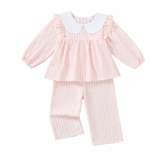 Toddler Baby Girl Clothes 18 Months Girl Fall Outfits 24 Months Girls Ruffle Long Sleeve Peter-pan Collar Plaid Top Pants 2PCS Set Pink