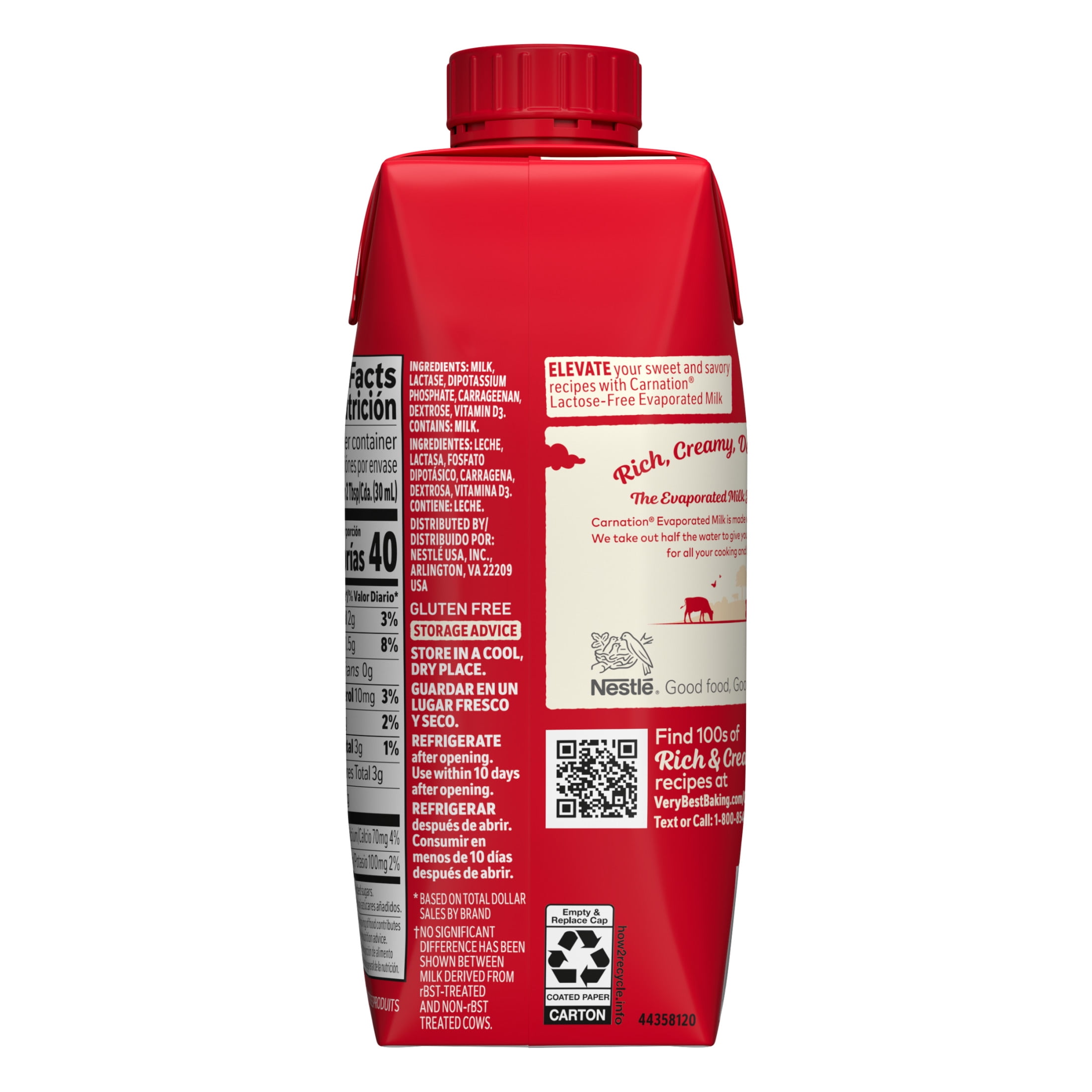 Nestle Carnation Lactose-Free Evaporated Milk, Vitamin D Added, Shelf Milk, 11 fl oz  Carton