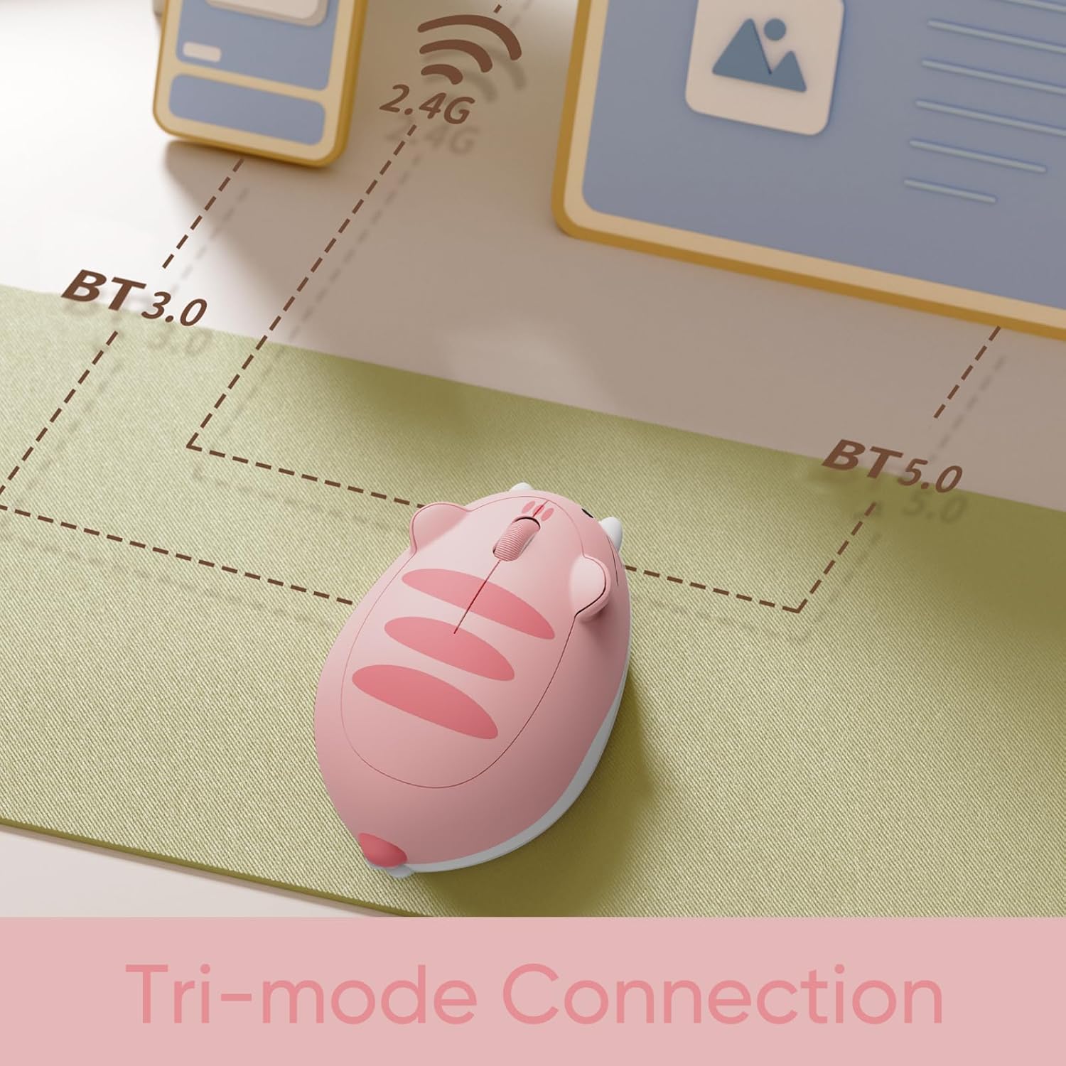 Cat Theme Wireless Gaming Mouse Pink, Tri-Mode BT3.0/BT5.0/2.4G, Cute Optical Cordless Cartoon Mice for Computer/Laptop/Desktop/PC, Compatible with Mac/Win (Pink Angie)
