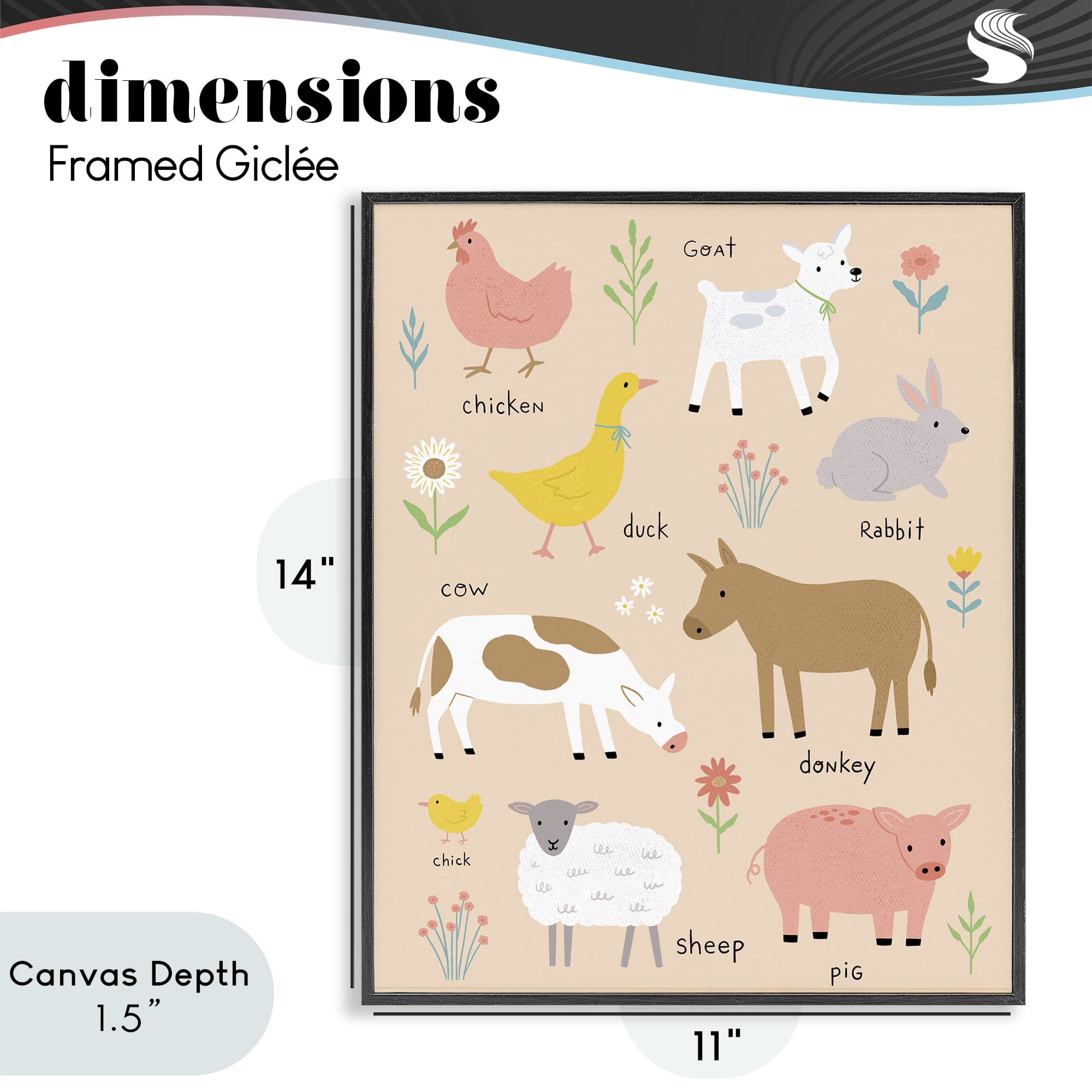 Stupell Industries Baby Farm Friends Black Framed Giclee Art, design by Nina Seven