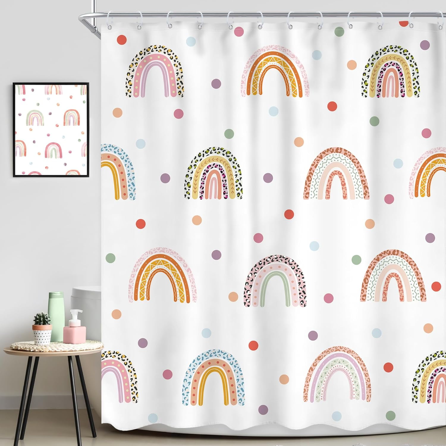 Kids Rainbow Shower Curtain 72Wx72L Inch Girls Cartoon Boho Cute Leopard Cheetah Print Polka Dot Unique Shower Curtain Bathroom Set Colorful Bath Curtain Bathtub Accessories Home Decor