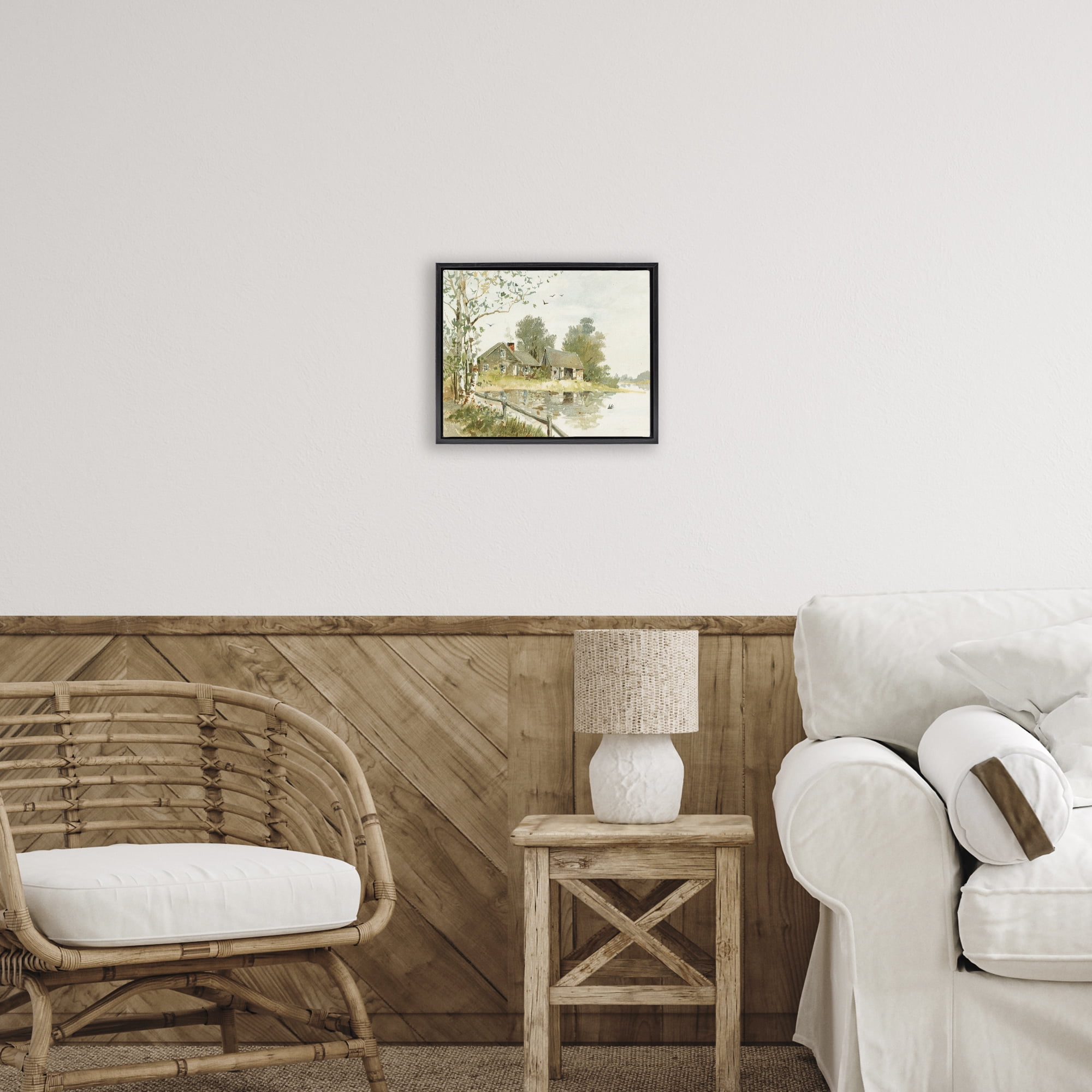 Cabin Along River's Edge Black Framed Floater Canvas Wall Art, design by Lettered and Lined