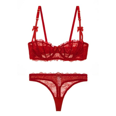 

Uhndy Women s Balconette Bra Demi-Cup Bra Underwire Sexy Casual Solid Lace Bra and Thongs Bra Set Red 34E Bra