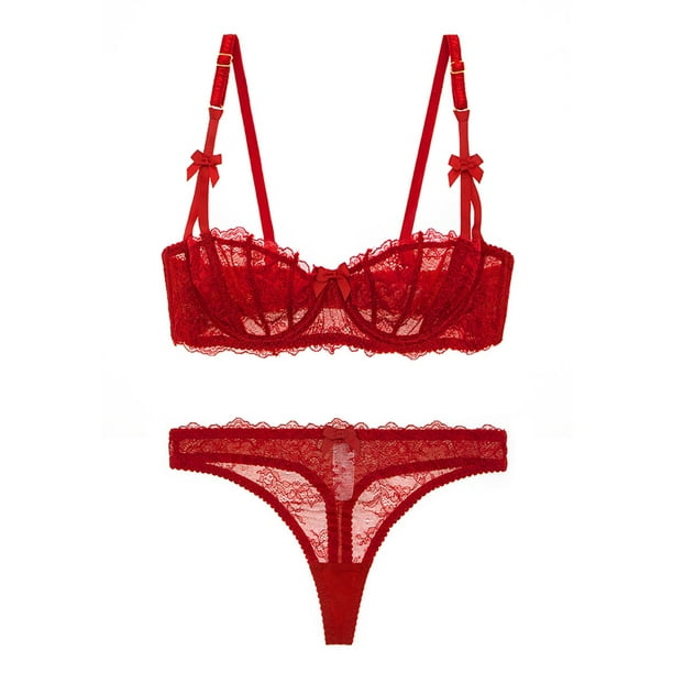 Uhndy Unlined Balconette Demi-Cup Underwire Sexy Solid Lace Bra and ...