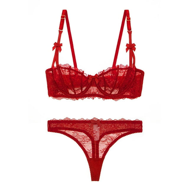 Varsbaby Unlined Balconette Demi-Cup Underwire Lace Bra and Thongs