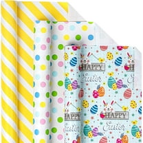 Easter Wrapping Paper Roll, Happy Easter with Easter Bunny & Egg/Stripe in Yellow & White/Colorful Dot Print for Gift Wrap, Craft, with Cut Lines, Mini Roll, 17 x 120 inches, 3 Rolls