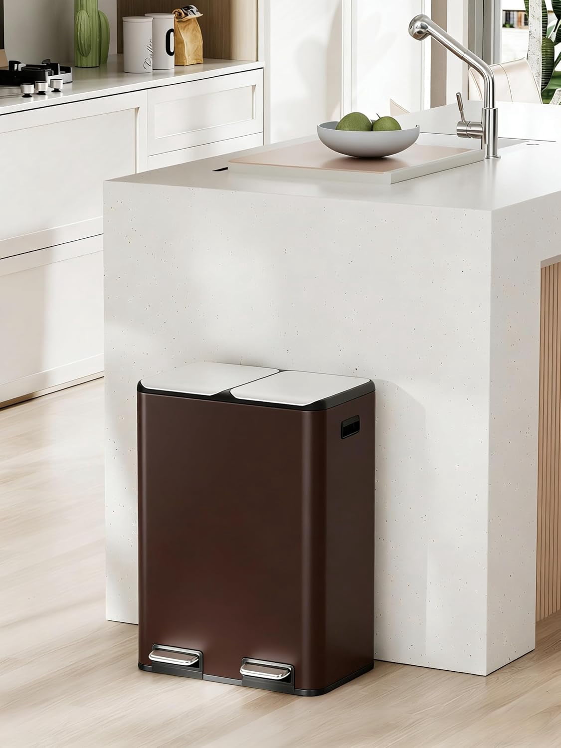 Arlopu 16 Gal Dual Kitchen Trash Can w/2 Built-in Box for Odor Contro Recycle Waste Dustbin Soft-Close Lid