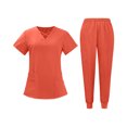 thumbnail image 3 of Scrubs for Women Set Modern V-Neck Top & 5 Pocket Jogger Pants Athletic Nursing Uniform Solid Stretch Workwear,Watermelon Red XL, 3 of 6