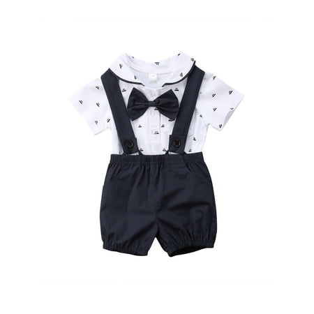 

Baby Boys Girls Gentleman Clothes Set Bow Tie Button Short Sleeve Shirt Suspender Pants Shorts Overalls 2Pcs Navy blue 0-6M