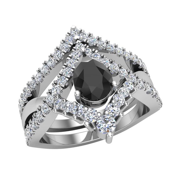 Pear Cut Black Diamond Wedding Ring Set 14K White Gold (I,I1)