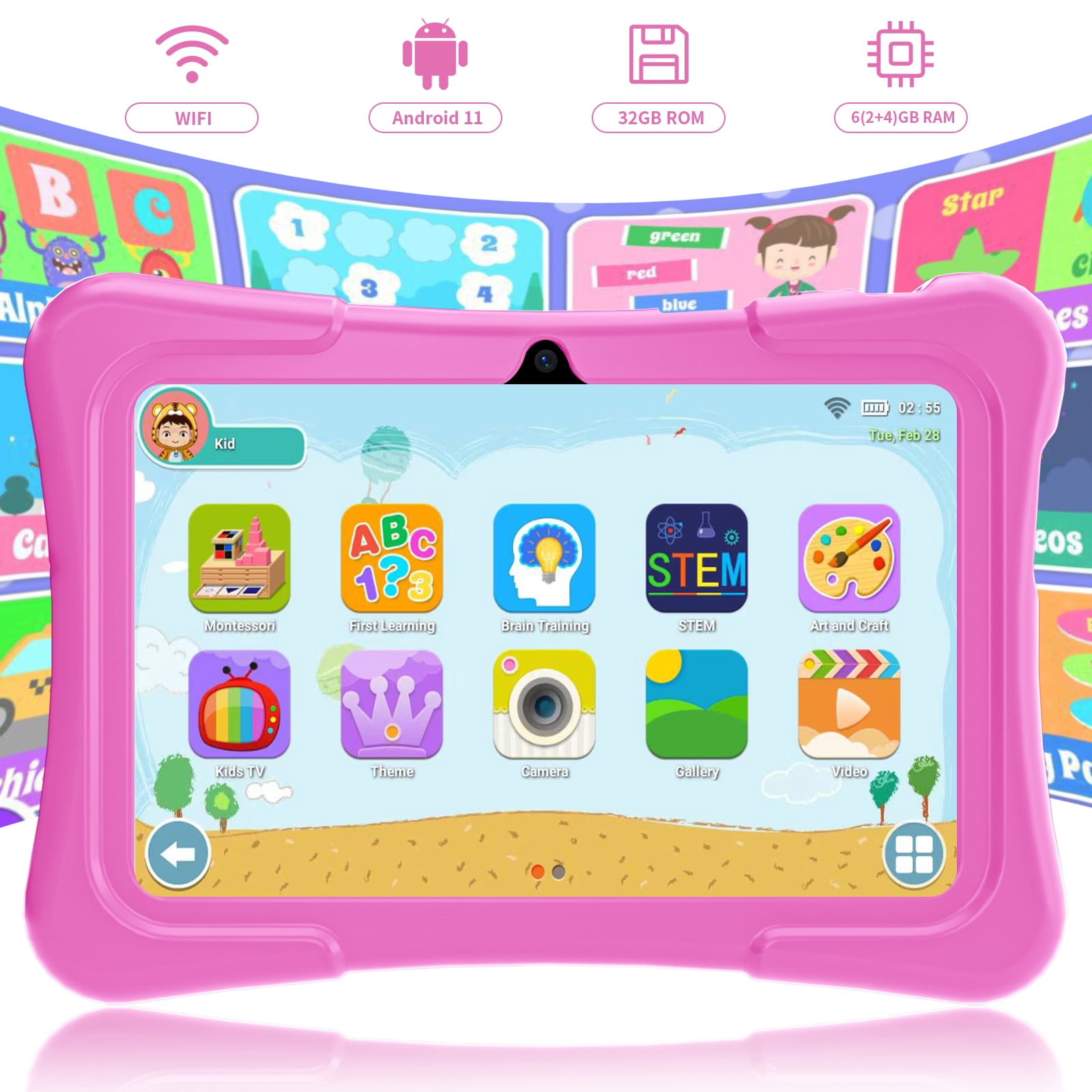 EDDBNi 7" Kids Tablet，6GB RAM 32GB ROM Android Tablet Computer for Children，parental controls，Eye Protection Toddler Tablet for Ages 4-12（Pink）