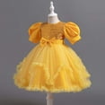 thumbnail image 6 of Wuxian Toddler Girls Bow Tutu Sequins Dress Short Puff Sleeve Round Neck High Waist Ruffles Tutu Dress Glitter Mesh Party Gown With Layered Dresses,Yellow,5-6 Years, 6 of 7