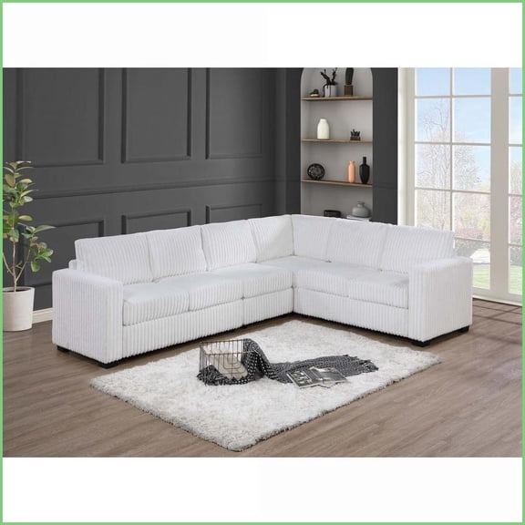 Milk White 4-Piece L-Shaped Sectional Sofa – Fur-Like Corduroy, Contemporary, Seats 5 | Corduroy | Foam Spring | Square Arms