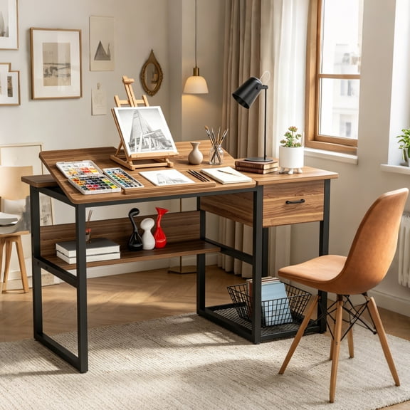 Fnova Drafting Table, Artist Craft Desk with Storage Drawers & Shelves, Tilting Tabletop Multi-Functional Computer Workstation, Metal Frame, for Home Office, Studio & Student Use