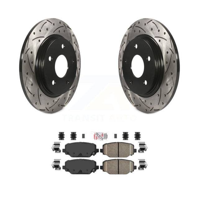 Transit Auto Rear Coated Drilled Slotted Disc Brake Rotors and Ceramic Pads Kit for Car 2017-2018 Dodge Grand Caravan with Single Piston Front Caliper KDA-102714