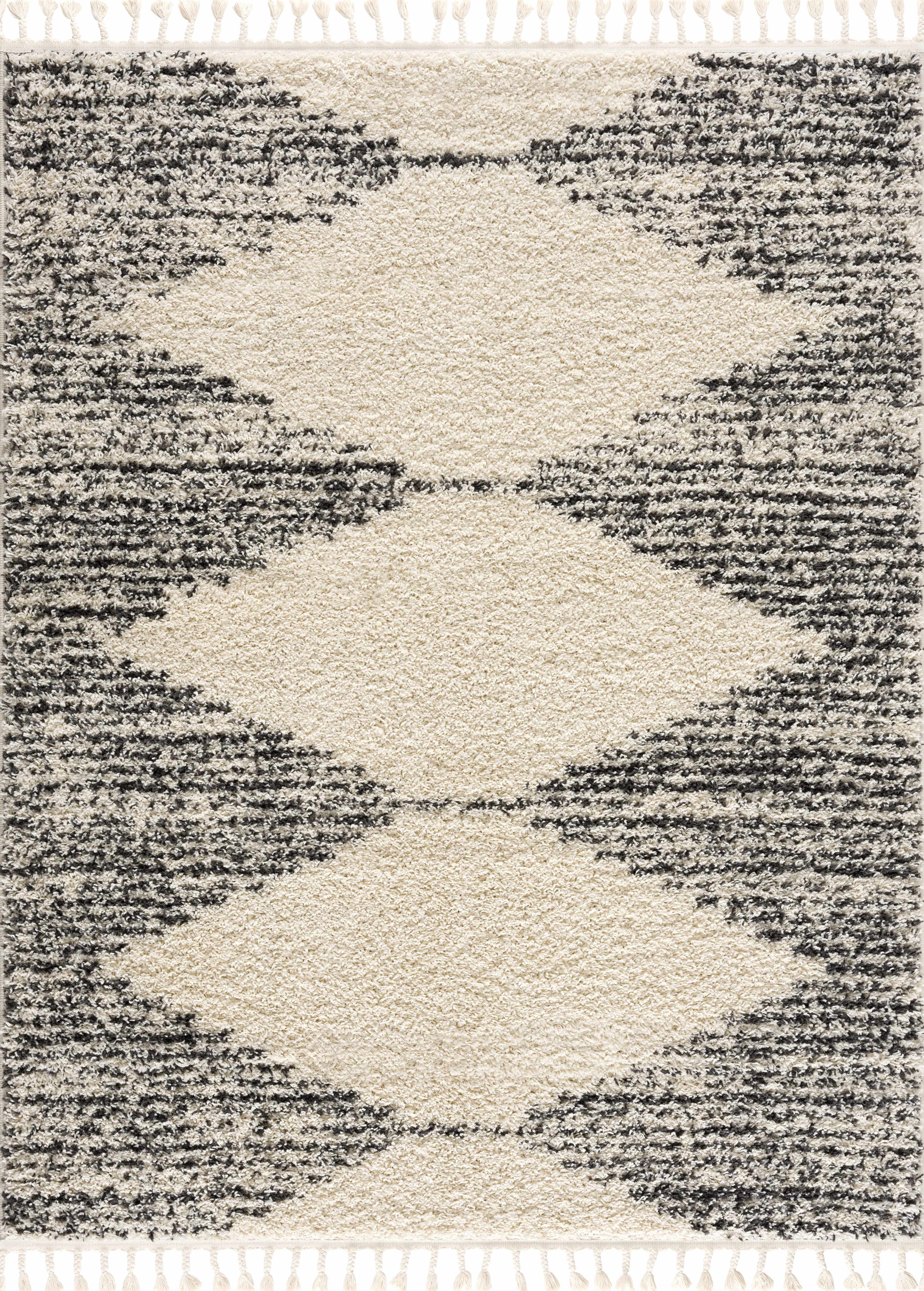 BoutiqueRugs Howth Boho Moroccan Geometric Shag with Tassels for Living Room, Bedroom - Beige, Charcoal, Gray - 5'3" Round