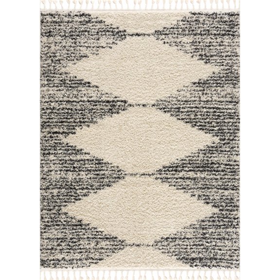 BoutiqueRugs Howth Boho Moroccan Geometric Shag with Tassels for Living Room, Bedroom - Beige, Charcoal, Gray - 7'10" x 10' (8x10)