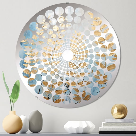 Designart "Symphony of Breezy Blue and Golden Ferns I" Ferns Radial Dot Round Wall Mirror - Floral Oval Printed Decorative Mirror - Multiple Color Options