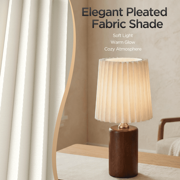 Mid-Century Simple Pleated Fabric Shade Table Lamp with Brown Walnut Wood Base Table Lamp, for Bedroom Living Room,Use E26 bulb (Not Include))