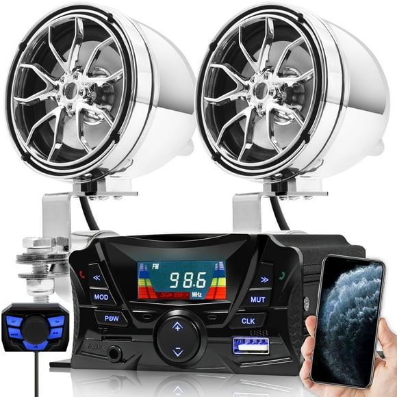 GoHawk TS3 Motorcycle Bluetooth Speakers Handlebar Mount MP3 Music Player Sound Audio Stereo Amplifier System ATV USB Micro SD FM Radio Chrome