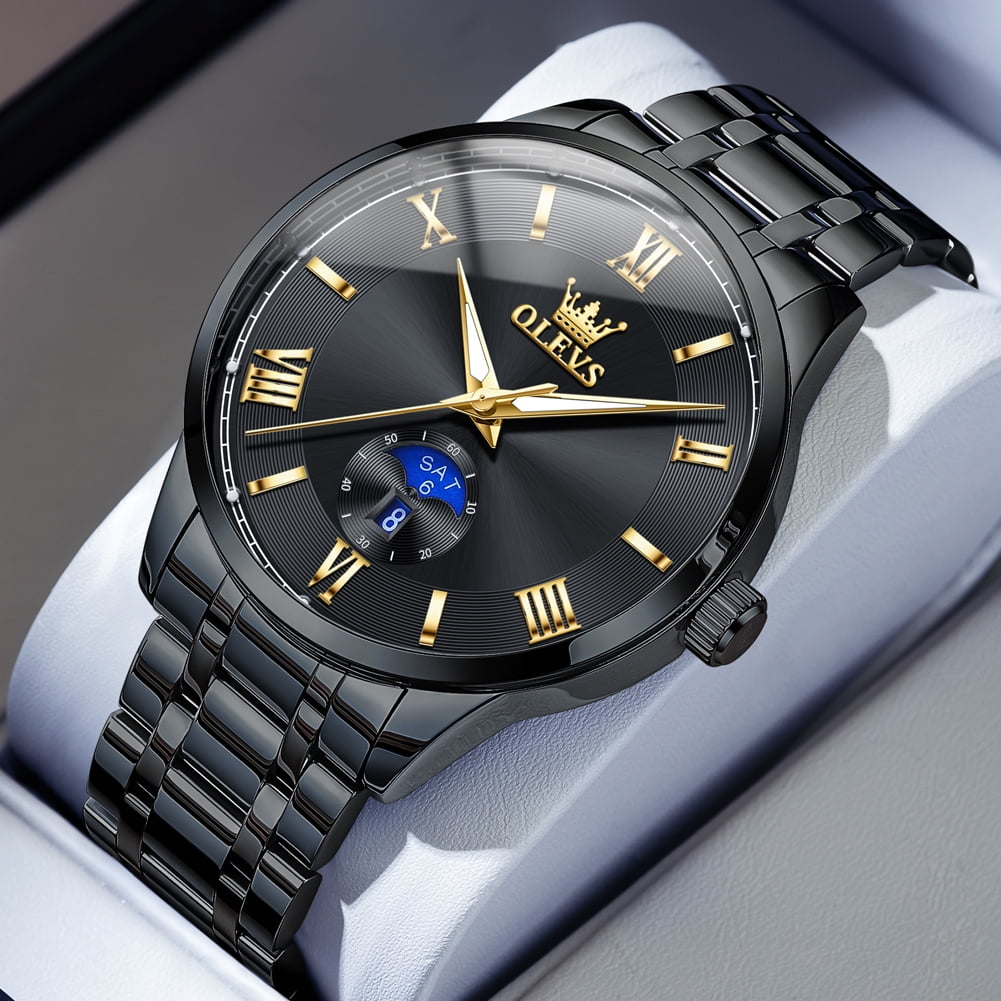 OLEVS Watches for Men Business Dress Waterproof Analog Quartz Stainless Steel Luminous Roman Numeral Classic Men Wrist Watches Reloj Para Hombre Black Dial