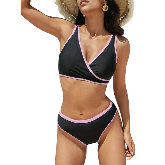 Women'S Two Piece Sporty Wide Strap Set V Neck Mid Waist Bathing Swimsuits Black Pink M