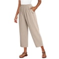 thumbnail image 4 of LEKWK Linen Crop Pants for Women Elastic Waist Casual Wide Leg Pants Loose Fit Solid Comfy Palazzo Bottoms with Pockets Fashion Beach Vacation Outfits, 4 of 7