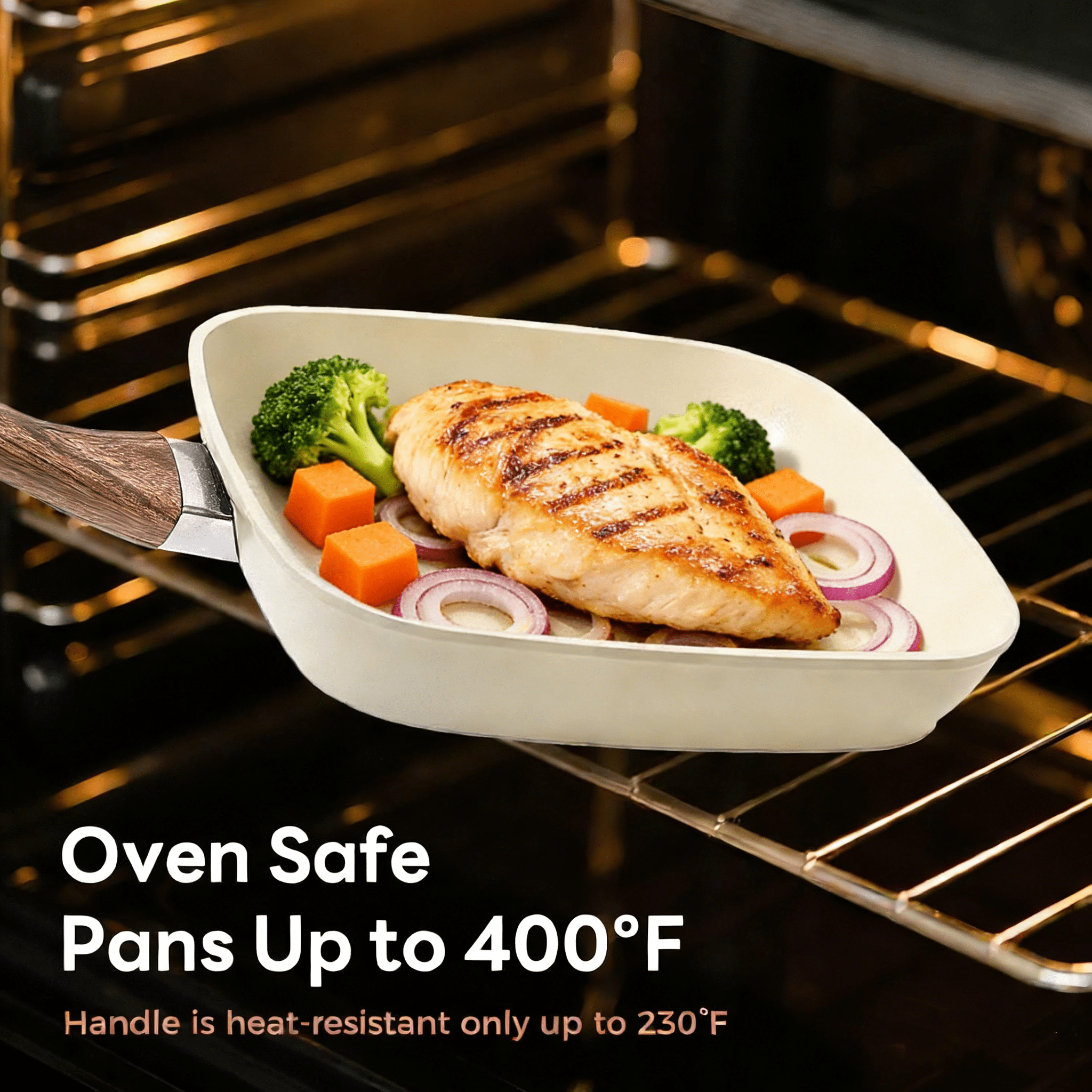 Parcus 3 Pieces Nonstick Grill Pan Set, Square Grill Pans with Stay-Cool Handles, Compatible with All Stovetops for Steak BBQ Vegetables, (9.5" 10" 11"), Beige