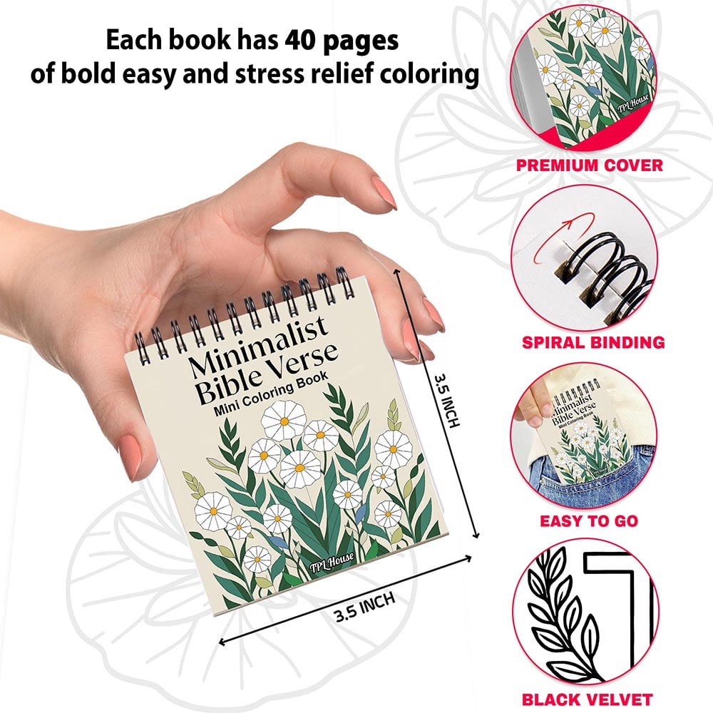 Minimalist Mini Coloring Book Spiral Bound for Adult, Pack 6, 3.5” x 3.5” Pocket Size, 40 Coloring Pages Stress & Anxiety Relief, Travel for Women Men