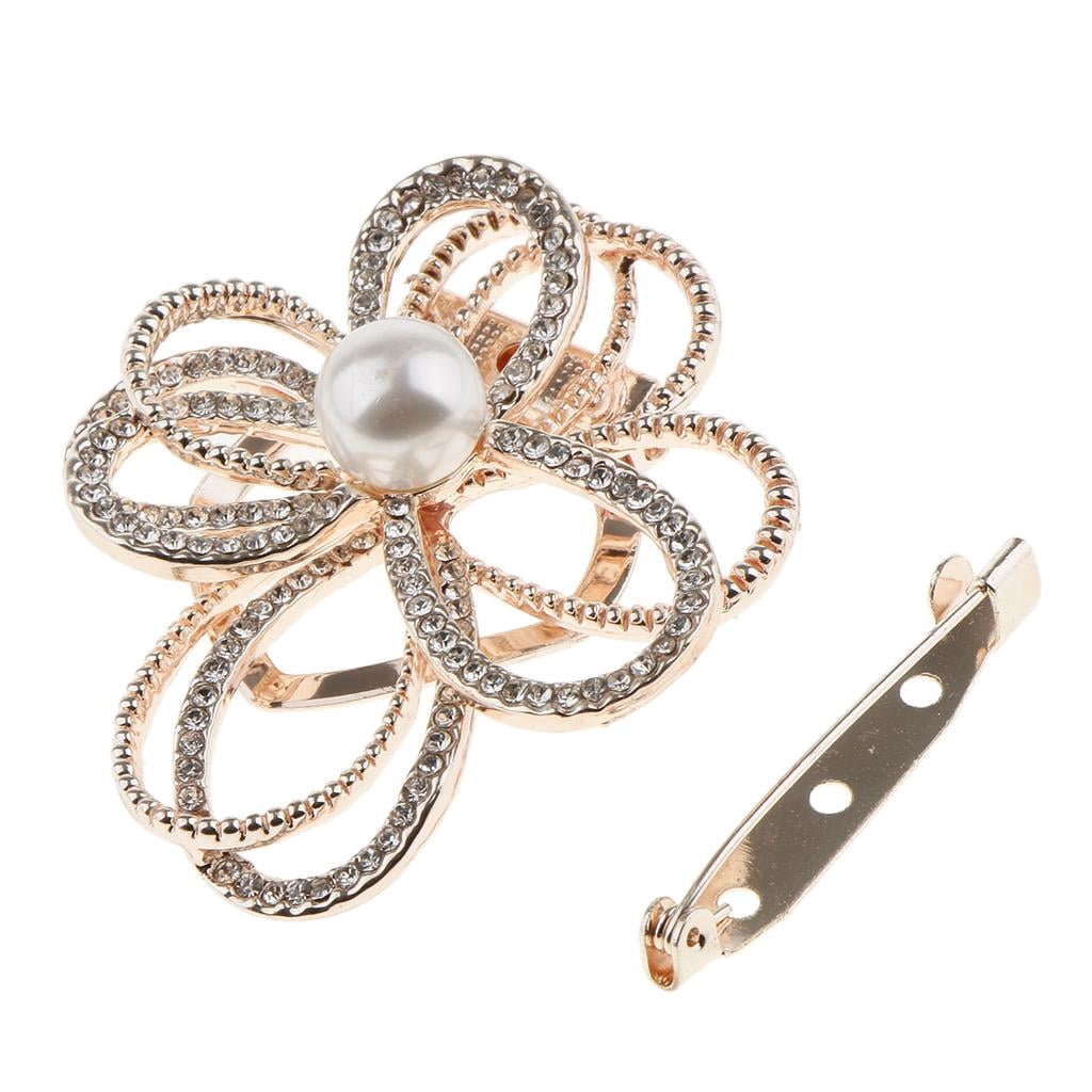 Segolike 4xCrystal Flower with Imitation Pearl Scarf Buckle Brooch 2 in 1 Gold 4 Pcs