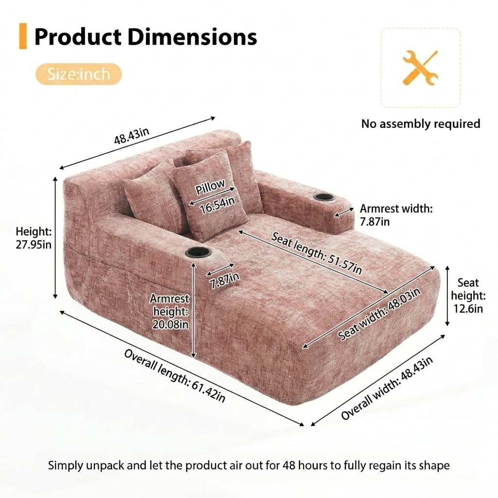 MOONMISS Chenille Chaise Lounge Chair Indoor, Single Sleeper Sofa Chair with Pillows & Cup Holders, Comfy Compression Sofa Bed for Living Room, Bedroom