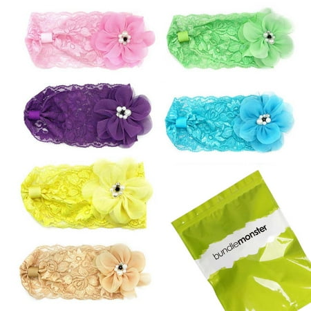 Bundle Monster 6pc Baby Girl Faux Pearl Tulle Flower Stretch Lace Headband Set