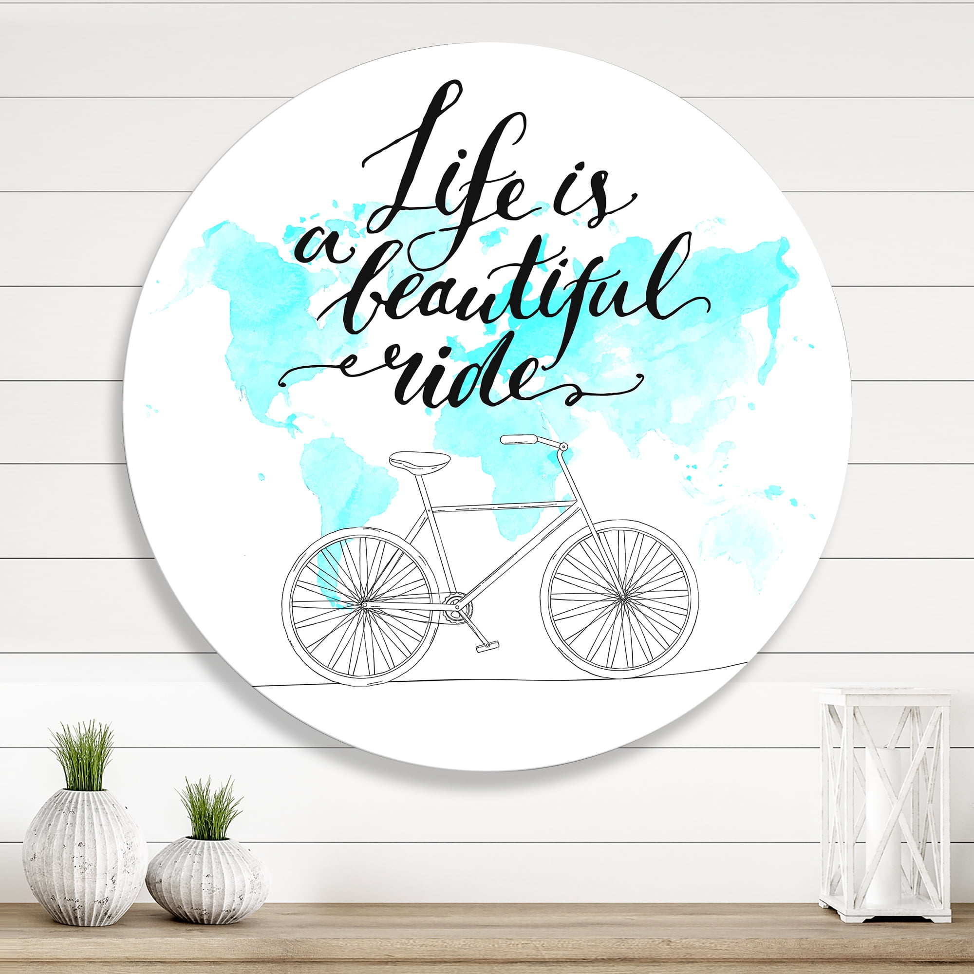 Designart 'Life Is A Beautiful Ride With Bicycle' Traditional Circle Metal Wall Art 23x23 - Disc of 23