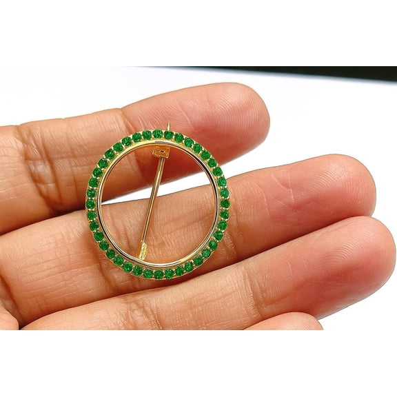925 Sterling Silver Circle Brooch - Handmade Unisex Emerald Quartz Pin Party Wear Round Brooch Gift
